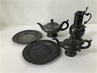 ANTIQUE METAL TEAPOTS, PLATES & CANDLE STANDS