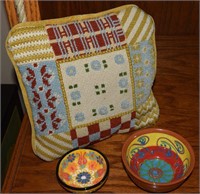 (2) Hand Decorated Clay Bowls +Small Accent Pillow