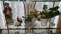 House plants, glassware and figurine. Shelf lot