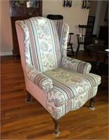 Upholstered Queen Anne mahogany wing back chair
