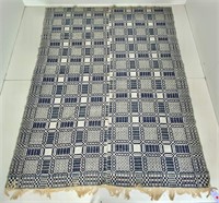 Overshot coverlet - blue and white - 92" x 70"