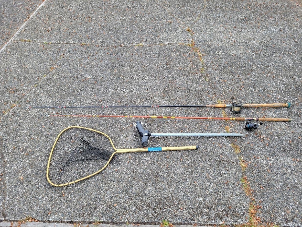 (2) Fishing Poles with Reels, Net & Rod Holder
