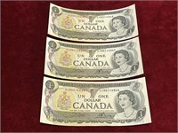 3 1973 BC-46b Canada Consecutive $1 Banknotes
