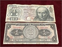1969 & 1971 Mexico 1 & 10 Pesos Banknotes