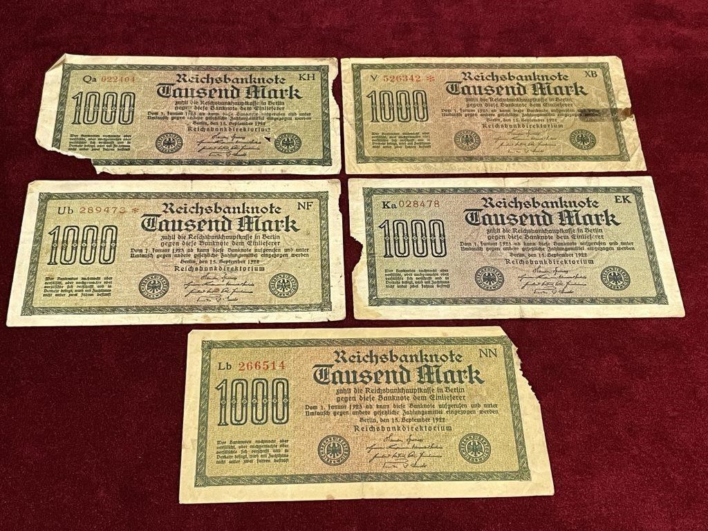 5 1922 Germany 1000 Mark Banknotes