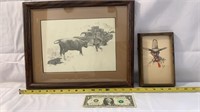 Lot of 3 Cowboy drawings framed