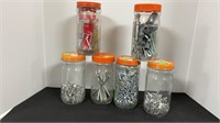 6 jars of drywall nails, screws, screw hooks,