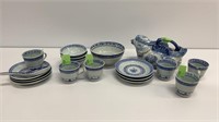 18 pc blue/white bird  tea pot, 6 cups/6 saucers,