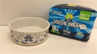 Sz M puppy diapers, unopened and dog water bowl