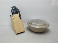 ceramic bowl with lid, knives and knife block