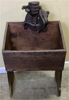 ANTIQUE WOOD BIN & CAST IRON CORN SHELLER ON TOP