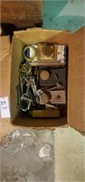 Box of vintage locks and keys, and antique light