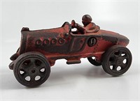 Vintage Cast Iron Boat Tail T Race Car with Driver