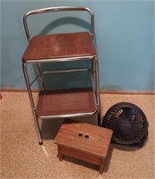 Retro Metal Chair, Wooden Step Stool & Small Fan