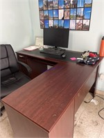 L shaped desk with leather like inlays and black