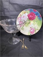 Large Clear Compote & Hand Painted Rose Platter