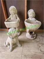 Concrete Lawn Ornaments - Boy, Girl & Dog Planters