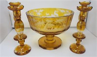 Amber Crystal  Etched Console  5 piece Set