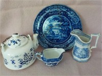 blue and white transfer ware pieces flow blue
