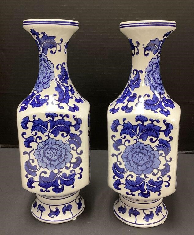 Pair Blue & White Asian Ceramic Vases
