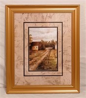 COUNTRY COTTAGE & DIRT ROAD ART PRINT ~ GOLD FRAME