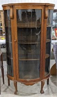 Antique Oak Curved Glass Bow Front Curio Cabinet