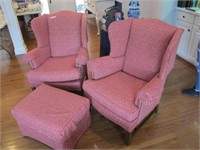 NEWLY UPHOLSTERED NAIL HEAD ARM CHAIRS WITH OTTOMN