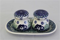Polish Pottery Salt & Pepper Shakers with Base