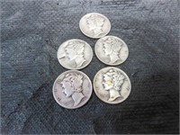 5 Silver Mercury Dimes 1=1936 - 2=1941 & 2=1942