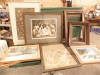 LARGE BOX OF FRAMED ART , PICTURES AND FRAMES