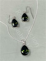 Peridot silver teardrop pendant, chain & earrings