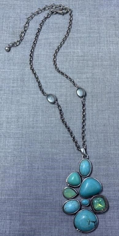 Turquoise Look Resin and Chrome Drop Necklace