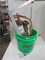 Bucket of saws and square