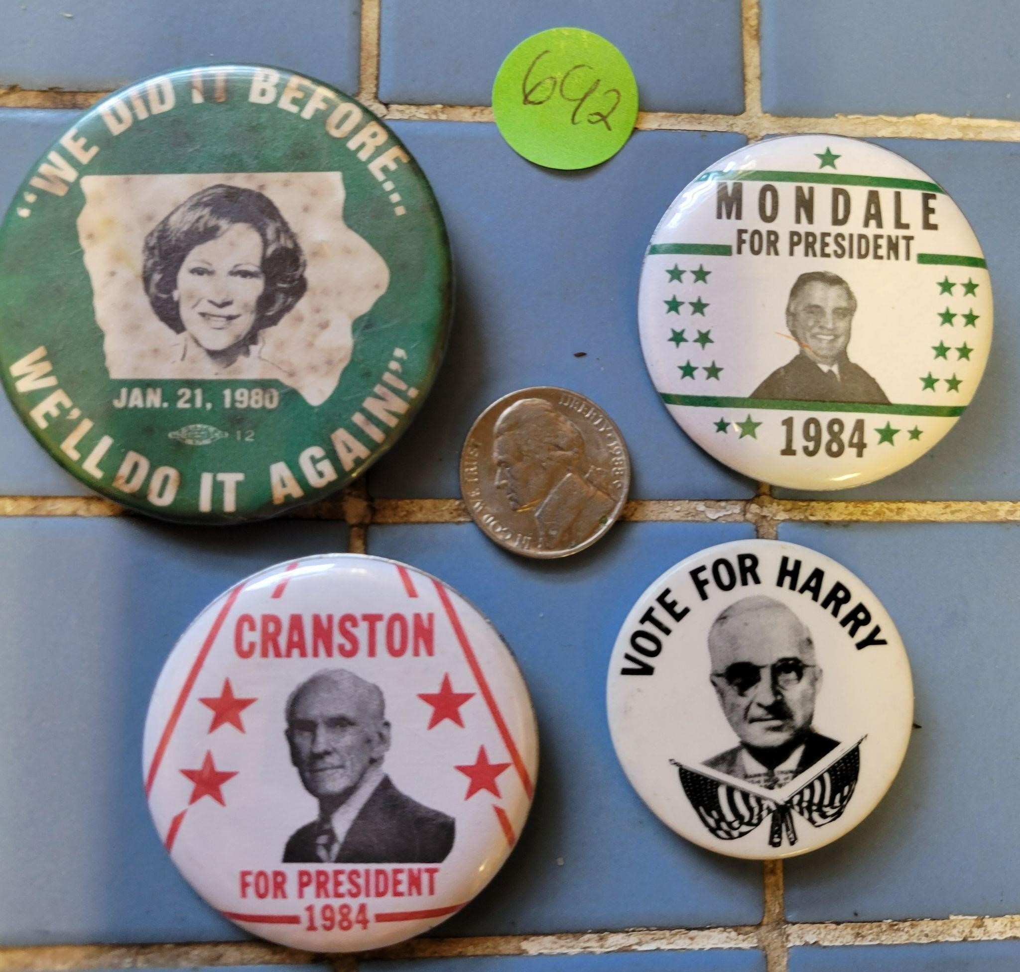 Vtg Cranston, Harry, Mondale, Political Buttons