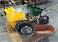 Blower, seeder, pots, mop bucket, gas can