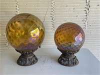 Amber Glass Garden Spheres w/ Iron Bases (2)