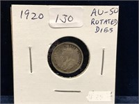 1920 Can Silver Five Cent Piece  AU50 Rotated dies