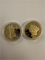1933 and 1854 $20 copy coins. Not real gold.
