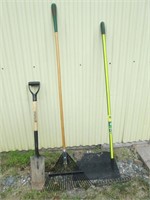 shovel and 2 rakes