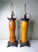2 Vintage Wood Lamps w/Die Cast Bases 30"