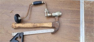 3 tools-- hammer, brace, square