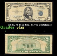1953A $5 Blue Seal Silver Certificate Grades vf+