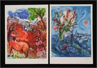 After Marc Chagall 2 Lithographs Village & Fleurs