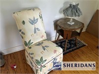 UPHOLSTERED CHAIR, SIDE TABLE, LAMP, AND OFFICE SW