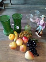 Vintage Hoosier green glass vases and misc glass