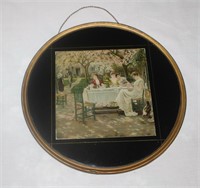 antique print victorian scene in round frame