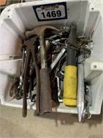 White Bin c/w Hand Tools (Wrenches, Claw Hammer)
