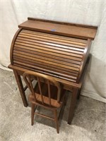 Wooden Child's Rolltop Desk With Chair