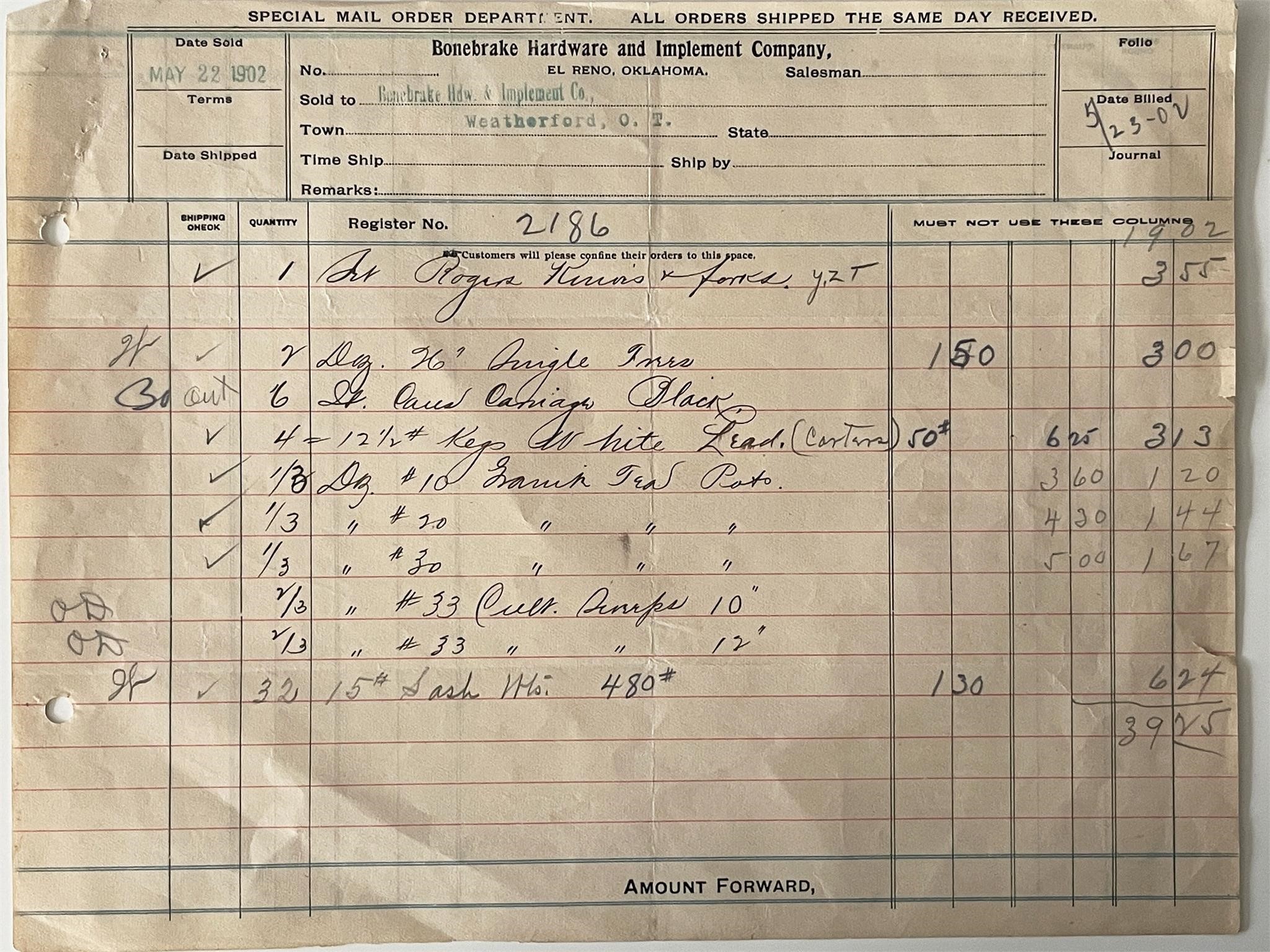 1902 Bronebrake Hardware store accounting log