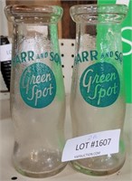 TWO HARR AND SON GREEN SPOT SM. GLASS MILK BOTTLES